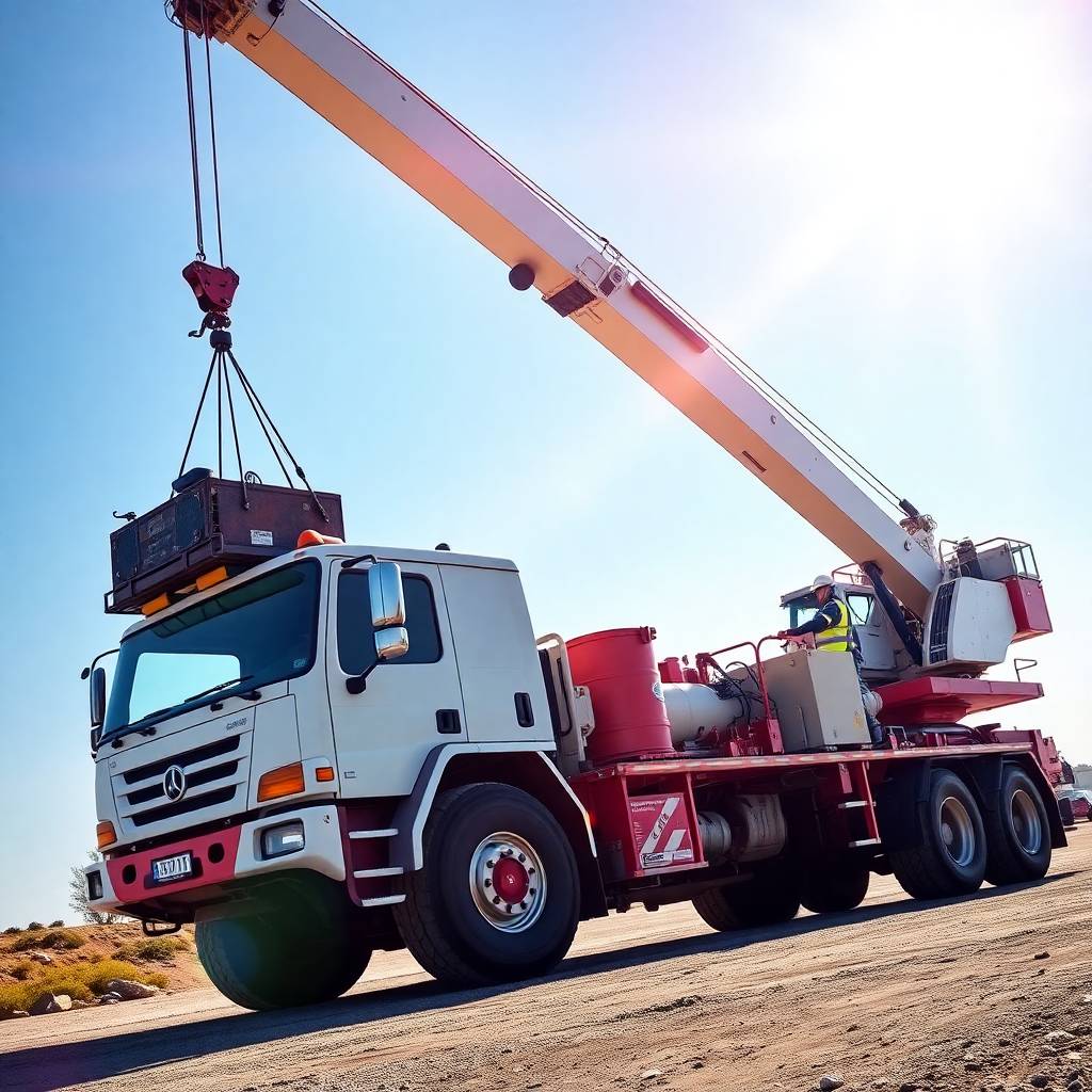 A modern crane truck powerful and well equipped lifts a heavy load against a clear sky. A worker in safety gear operates the crane showcasing precision and strength. Vivid electric colors bright len