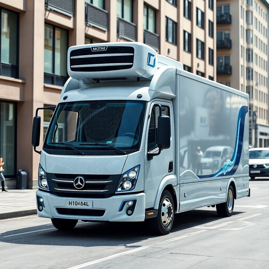 Candid street photography style a modern isothermal refrigerated truck sleek design subtle ice effects cool blue accents. Urban background bright daylight 2500x1520 resolution hyperrealistic style