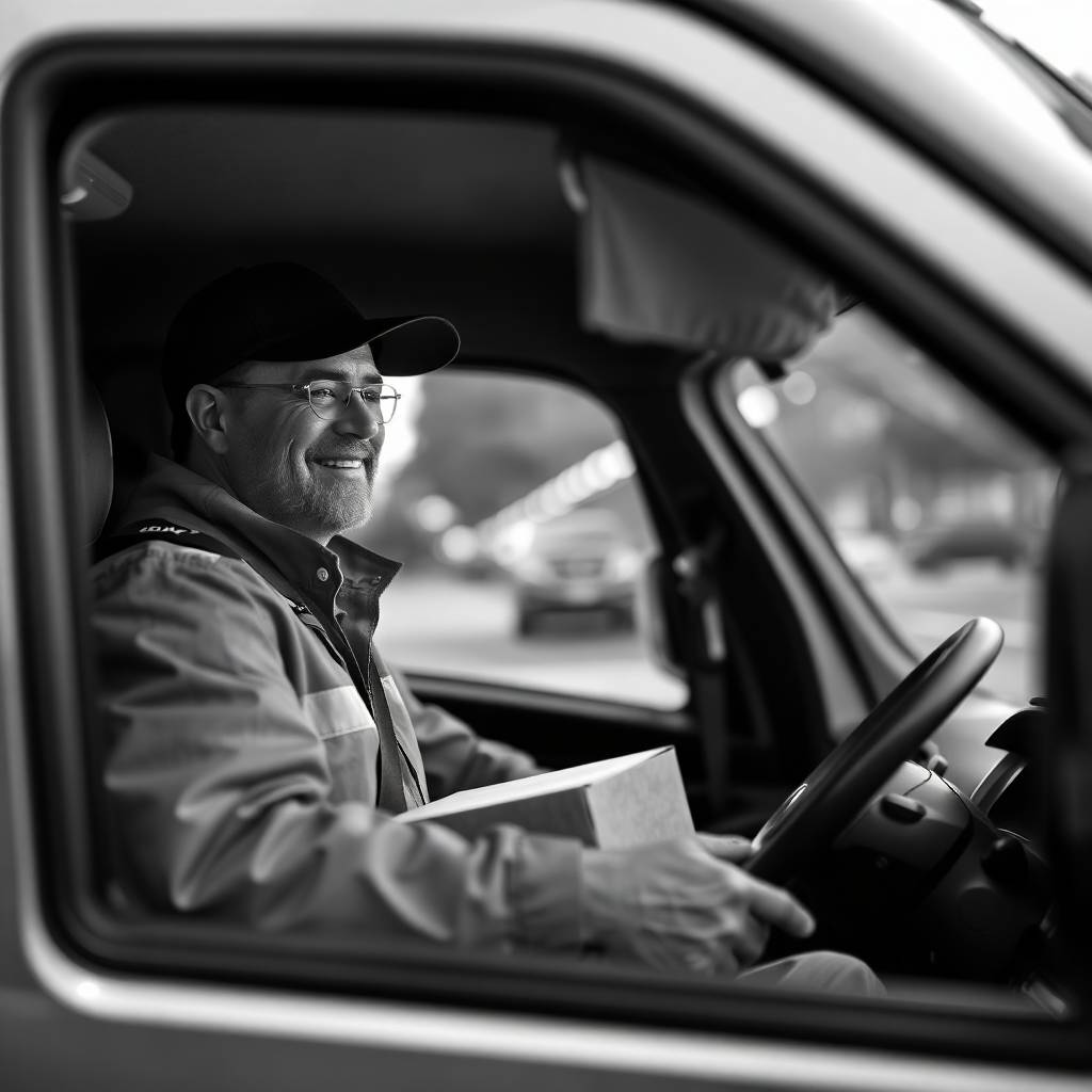 Classic black and white image with blurred bokeh effect. A professional driver safely delivers goods. The sharp focus on the driver and customer creates a timeless elegant depiction of trust and respo