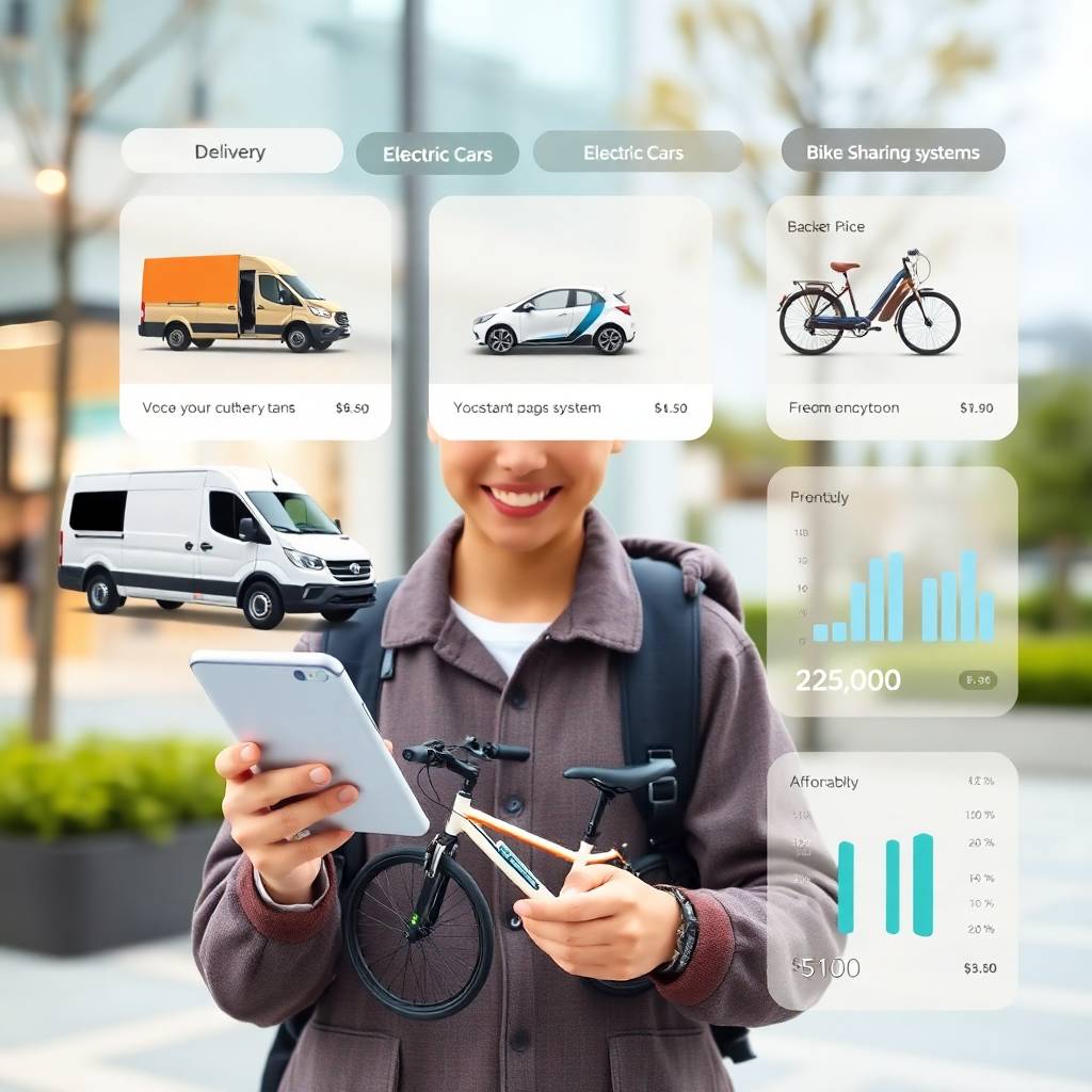 High resolution stock photo of an adorable charming customer using a digital platform to choose from various transportation options like delivery vans electric cars and bike sharing systems. Modern