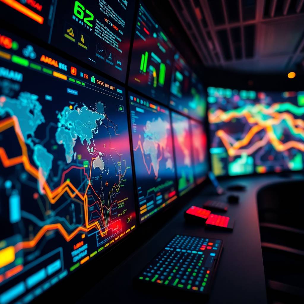 Tight close up shot of a high tech transportation operations control rooms screens glowing with bioluminescent colors and displaying live tracking of futuristic electric trucks and drones on digital 